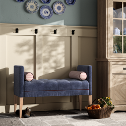 Burbage Deep Buttoned Top Straight Arm Bench Stool 112 x 48cm (44 x 19") in Easycare Velvet Atlantic, Contrast Piped in Flat Velvet Burgundy, with Light Legs Burbage Deep Buttoned Top Straight Arm Bench Stool 112 x 48cm (44 x 19") in Easycare Velvet Atlantic, Contrast Piped in Flat Velvet Burgundy, with Light Legs