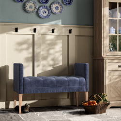 Burbage Deep Buttoned Top Straight Arm Bench Stool 112 x 48cm (44 x 19") in Easycare Velvet Atlantic, Self Piped, with Light Legs Burbage Deep Buttoned Top Straight Arm Bench Stool 112 x 48cm (44 x 19") in Easycare Velvet Atlantic, Self Piped, with Light Legs