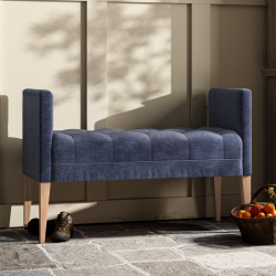 Burbage Deep Buttoned Top Straight Arm Bench Stool 112 x 48cm (44 x 19") in Easycare Velvet Atlantic, Self Piped, with Light Legs Burbage Deep Buttoned Top Straight Arm Bench Stool 112 x 48cm (44 x 19") in Easycare Velvet Atlantic, Self Piped, with Light Legs