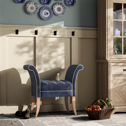 Brignall Deep Buttoned Top Scroll Arm Bench Stool 88 x 39cm (35 x 15")  in Easycare Velvet Atlantic, Contrast Piped, with Light Legs