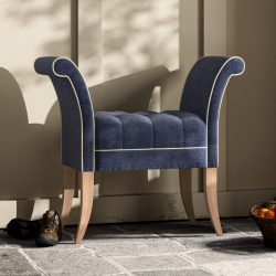 Brignall Deep Buttoned Top Scroll Arm Bench Stool 88 x 39cm (35 x 15")  in Easycare Velvet Atlantic, Contrast Piped, with Light Legs