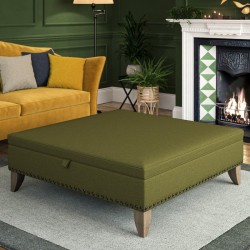 Image for style reference; Heartwood Plain & Piped Lid Medium Depth Storage Footstool in Soft Weave Forest Green - Full Vintage Studs - 6ins Convex Washed Oak Legs