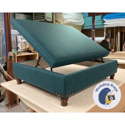 Heartwood Plain & Piped Lid Medium Depth Storage Footstool 122 x 91cm (48 x 36") Wool Plain Teal - Vintage Corner Studs - 4ins Turned Mahogany Leg 8854