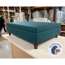 Heartwood Plain & Piped Lid Medium Depth Storage Footstool 122 x 91cm (48 x 36") Wool Plain Teal - Vintage Corner Studs - 4ins Turned Mahogany Leg 8854