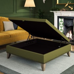 Image for style reference; Bedgebury Shallow Buttoned & Piped Lid Medium Depth Storage Footstool in Soft Weave Forest Green - Full Vintage Studs - 6ins Convex Washed Oak Leg
