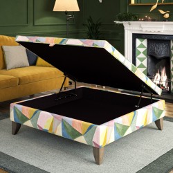 Image for style reference; Bedgebury Shallow Buttoned & Piped Lid Medium Depth Storage Footstool in Linwood Crystal Velvet - 6ins Convex Washed Oak Leg