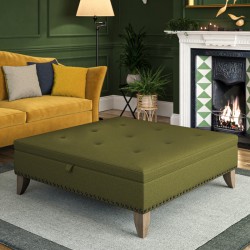 Image for style reference; Bedgebury Shallow Buttoned & Piped Lid Medium Depth Storage Footstool in Soft Weave Forest Green - Full Vintage Studs - 6ins Convex Washed Oak Leg