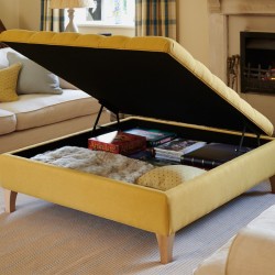 Image for style reference; Savernake Deep Buttoned Lid Medium Depth Storage Footstool in Faux Wool Mustard - 6ins Concave Oiled Oak Legs Image for style reference; Savernake Deep Buttoned Lid Medium Depth Storage Footstool in Faux Wool Mustard - 6ins Concave Oiled Oak Legs