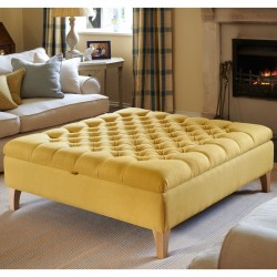 Image for style reference; Savernake Deep Buttoned Lid Medium Depth Storage Footstool in Faux Wool Mustard - 6ins Concave Oiled Oak Legs Image for style reference; Savernake Deep Buttoned Lid Medium Depth Storage Footstool in Faux Wool Mustard - 6ins Concave Oiled Oak Legs