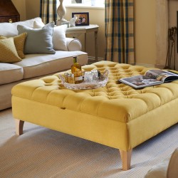 Image for style reference; Savernake Deep Buttoned Lid Medium Depth Storage Footstool in Faux Wool Mustard - 6ins Concave Oiled Oak Legs Image for style reference; Savernake Deep Buttoned Lid Medium Depth Storage Footstool in Faux Wool Mustard - 6ins Concave Oiled Oak Legs