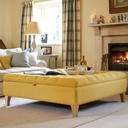 Image for style reference; Savernake Deep Buttoned Lid Medium Depth Storage Footstool in Faux Wool Mustard - 6ins Concave Oiled Oak Legs