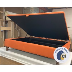BESPOKE SIZE Savernake Deep Buttoned Lid Medium Depth Storage Footstool  122 x 152cm (48 x 60") Flat Velvet Pumpkin - 12.7cm Turned Leg Oak 9599