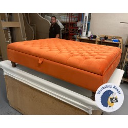 BESPOKE SIZE Savernake Deep Buttoned Lid Medium Depth Storage Footstool  122 x 152cm (48 x 60") Flat Velvet Pumpkin - 12.7cm Turned Leg Oak 9599