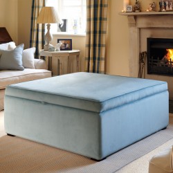 Image for style reference; Greenwood Plain & Piped Lid Full Depth Storage Footstool in Soft Velvet Sky