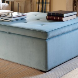 Image for style reference; Whinfell Shallow Buttoned & Piped Lid Full Depth Storage Footstool in Soft Velvet Sky
