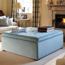 Image for style reference; Whinfell Shallow Buttoned & Piped Lid Full Depth Storage Footstool in Soft Velvet Sky