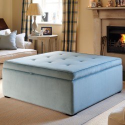 Image for style reference; Whinfell Shallow Buttoned & Piped Lid Full Depth Storage Footstool in Soft Velvet Sky
