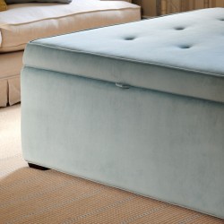 Image for style reference; Whinfell Shallow Buttoned & Piped Lid Full Depth Storage Footstool in Soft Velvet Sky