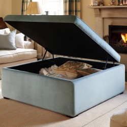 Image for style reference; Whinfell Shallow Buttoned & Piped Lid Full Depth Storage Footstool in Soft Velvet Sky