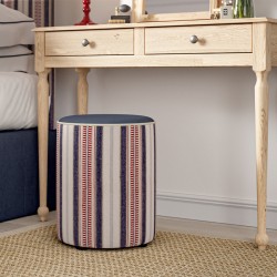 Florence Upholstered Top with Piping Dressing Table Drum Stool 38 x 46cm (15 x 18") - BODY in Mulberry Home Shelter Stripe Indigo/Red - TOP in House Cotton Oxford Blue - PIPING in House Cotton Vanilla