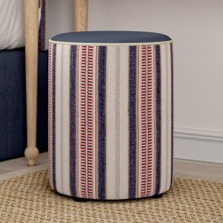 Florence Upholstered Top with Piping Dressing Table Drum Stool 38 x 46cm (15 x 18") - BODY in Mulberry Home Shelter Stripe Indigo/Red - TOP in House Cotton Oxford Blue - PIPING in House Cotton Vanilla