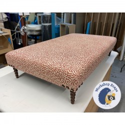 BESPOKE SIZE Arden Footstool in COM Namay Samay Gorjon Oxblood - 140cm x 80cm - Vintage Corner Studs - 16cm Bobbin Leg Walnut 9701