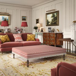 Arden Plain Top Self Piped Footstool 152 x 122cm (60 x 48") in Jane Churchill Yarra Stripe Red, with Customers Own Trim (Samuel & Sons Sophie Tassel Fringe), 26.7cm (10.5") and Turned Leg with Polished Brass Cups in Walnut