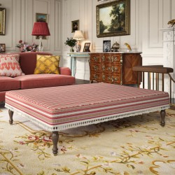 Arden Plain Top Self Piped Footstool 152 x 122cm (60 x 48") in Jane Churchill Yarra Stripe Red, with Customers Own Trim (Samuel & Sons Sophie Tassel Fringe), 26.7cm (10.5") and Turned Leg with Polished Brass Cups in Walnut
