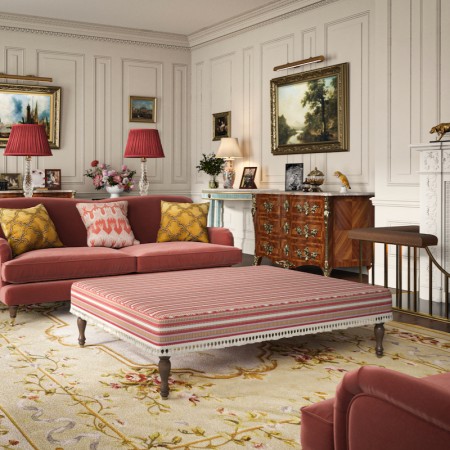 Arden Plain Top Self Piped Footstool 152 x 122cm (60 x 48") in Jane Churchill Yarra Stripe Red, with Customers Own Trim (Samuel & Sons Sophie Tassel Fringe), 26.7cm (10.5") and Turned Leg with Polished Brass Cups in Walnut