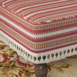 Arden Plain Top Self Piped Footstool 152 x 122cm (60 x 48") in Jane Churchill Yarra Stripe Red, with Customers Own Trim (Samuel & Sons Sophie Tassel Fringe), 26.7cm (10.5") and Turned Leg with Polished Brass Cups in Walnut