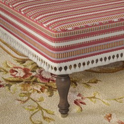 Arden Plain Top Self Piped Footstool 152 x 122cm (60 x 48") in Jane Churchill Yarra Stripe Red, with Customers Own Trim (Samuel & Sons Sophie Tassel Fringe), 26.7cm (10.5") and Turned Leg with Polished Brass Cups in Walnut