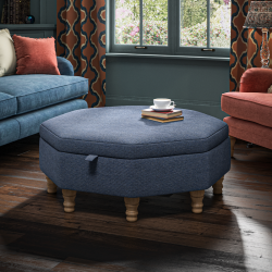 Pembrey Octagonal Storage Ottoman 102cm (40") in Basket Weave Navy - Top Edge Backtacked - 12.7cm (5") Turned Leg Oak - No Trim