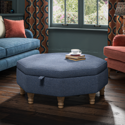 Pembrey Octagonal Storage Ottoman 102cm (40") in Basket Weave Navy - Top Edge Self Piped - 12.7cm (5") Turned Leg Oak - No Trim