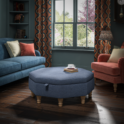 Pembrey Octagonal Storage Ottoman 102cm (40") in Basket Weave Navy - Top Edge Self Piped - 12.7cm (5") Turned Leg Oak - No Trim