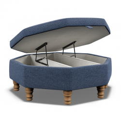 Pembrey Octagonal Storage Ottoman 102cm (40") in Basket Weave Navy - Top Edge Self Piped - 12.7cm (5") Turned Leg Oak - No Trim
