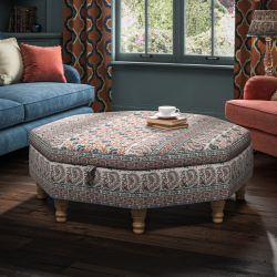 Pembrey Octagonal Storage Ottoman 121cm (48") in Ian Sanderson Mallow Border Cortez - Top Edge Backtacked - 12.7cm (5") Turned Leg Oak - No Trim