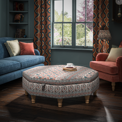 Pembrey Octagonal Storage Ottoman 121cm (48") in Ian Sanderson Mallow Border Cortez - Top Edge Backtacked - 12.7cm (5") Turned Leg Oak - No Trim