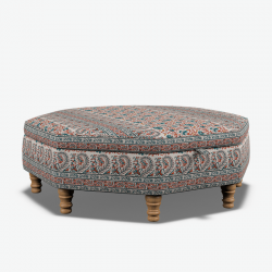 Pembrey Octagonal Storage Ottoman 121cm (48") in Ian Sanderson Mallow Border Cortez - Top Edge Self Piped - 12.7cm (5") Turned Leg Oak - No Trim