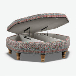 Pembrey Octagonal Storage Ottoman 121cm (48") in Ian Sanderson Mallow Border Cortez - Top Edge Self Piped - 12.7cm (5") Turned Leg Oak - No Trim