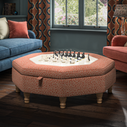 Delamere Octagonal Storage Ottoman 121cm (48") with Chess Board Inlay in Linwood Tango Weaves Carmine - Top Edge Back Tacked - 12.7cm (5") Turned Leg Oak - No Trim