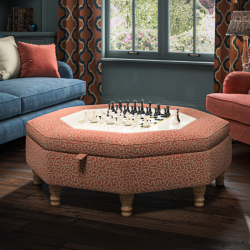 Delamere Octagonal Storage Ottoman 121cm (48") with Chess Board Inlay in Linwood Tango Weaves Carmine - Top Edge Self Piped - 12.7cm (5") Turned Leg Oak - No Trim