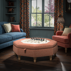 Delamere Octagonal Storage Ottoman 121cm (48") with Chess Board Inlay in Linwood Tango Weaves Carmine - Top Edge Self Piped - 12.7cm (5") Turned Leg Oak - No Trim