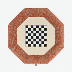 Delamere Octagonal Storage Ottoman 121cm (48") with Chess Board Inlay in Linwood Tango Weaves Carmine - Top Edge Back Tacked - 12.7cm (5") Turned Leg Oak - No Trim