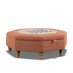 Delamere Octagonal Storage Ottoman 121cm (48") with Chess Board Inlay in Linwood Tango Weaves Carmine - Top Edge Self Piped - 12.7cm (5") Turned Leg Oak - No Trim