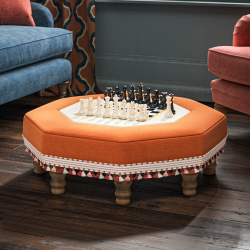 Cadora Octagonal Ottoman 80cm (31.5") with Chess Board Inlay in Linwood Romney Wool Ember - Top Edge Backtacked - 12.7cm (5") Turned Leg Oak - Customers Own Trim
