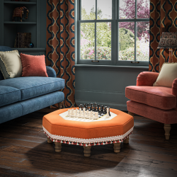 Cadora Octagonal Ottoman 80cm (31.5") with Chess Board Inlay in Linwood Romney Wool Ember - Top Edge Backtacked - 12.7cm (5") Turned Leg Oak - Customers Own Trim