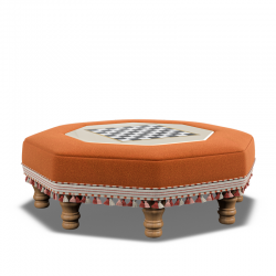 Cadora Octagonal Ottoman 80cm (31.5") with Chess Board Inlay in Linwood Romney Wool Ember - Top Edge Backtacked - 12.7cm (5") Turned Leg Oak - Customers Own Trim Cutout