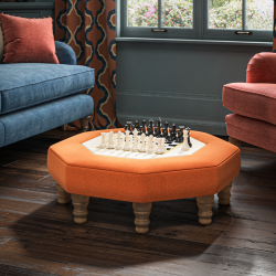 Cadora Octagonal Ottoman 80cm (31.5") with Chess Board Inlay in Linwood Romney Wool Ember - Top Edge Backtacked - 12.7cm (5") Turned Leg Oak - No Trim