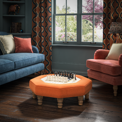 Cadora Octagonal Ottoman 80cm (31.5") with Chess Board Inlay in Linwood Romney Wool Ember - Top Edge Backtacked - 12.7cm (5") Turned Leg Oak - No Trim
