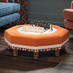 Cadora Octagonal Ottoman 80cm (31.5") with Chess Board Inlay in Linwood Romney Wool Ember - Top Edge Self Piped - 12.7cm (5") Turned Leg Oak - Customers Own Trim